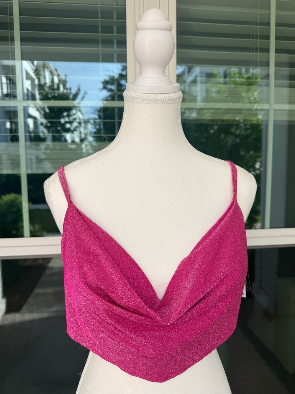 Macy’s NWT sparkly pink bikini top/ swimwear with open back and cowl neck size M
